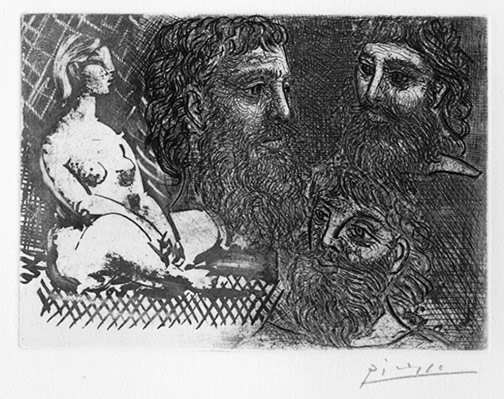 Femme nue
                  assise et Trois Tetes barbues